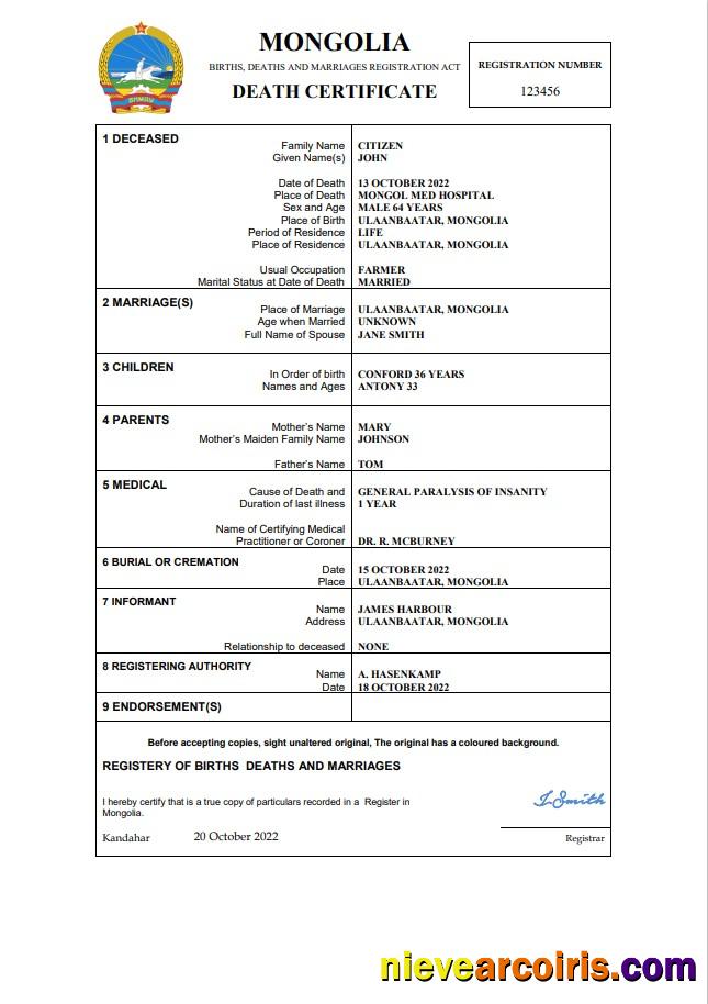 Mongolia vital record death certificate